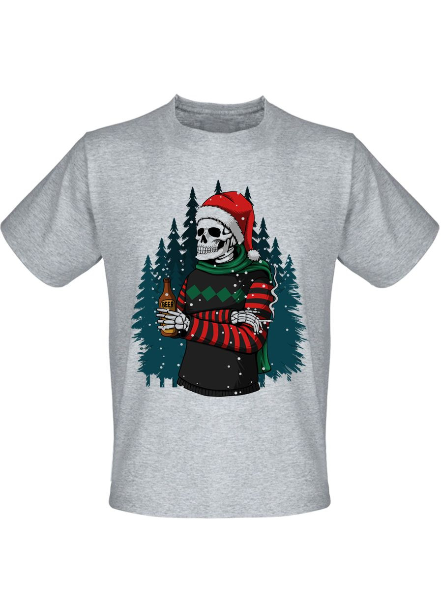 Серая футболка новогодняя merry christmas winter skull (меланж) Fat Cat