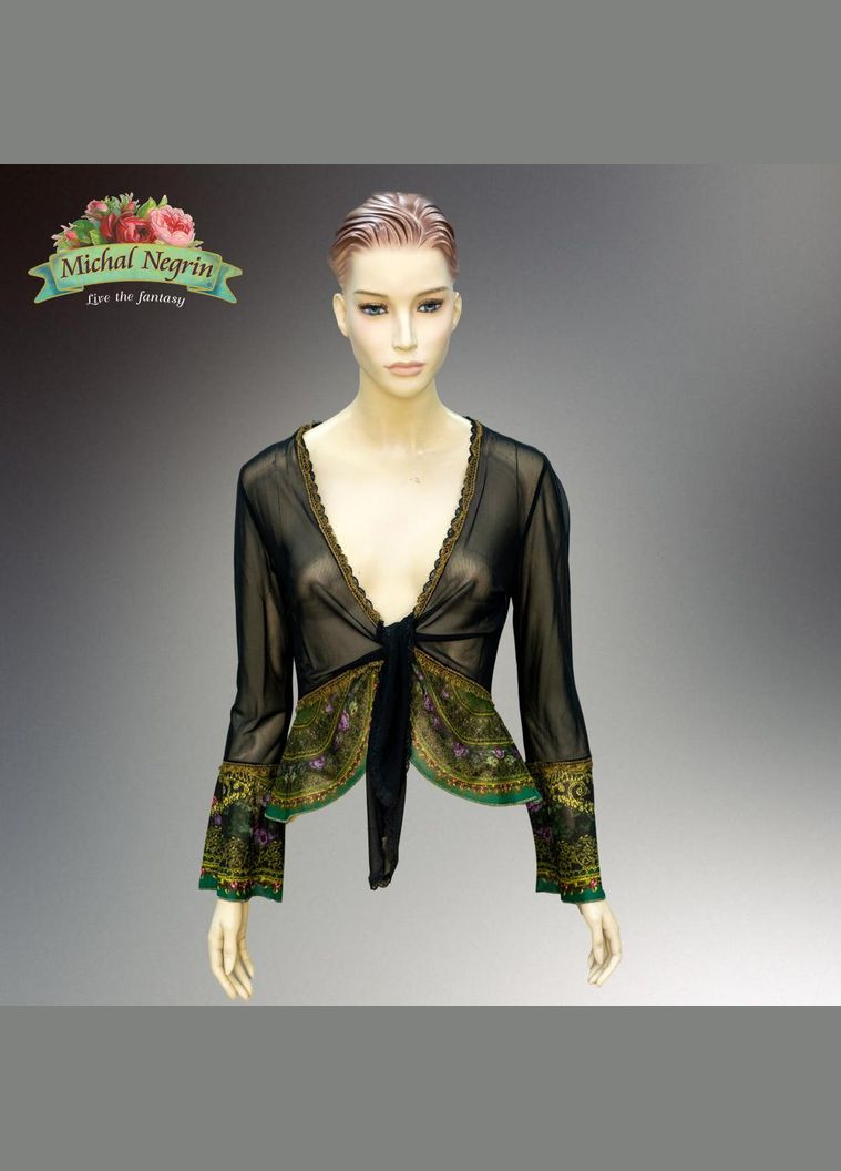 Зелёная блуза женская "вечерний шарм" с цветочным принтом, кружевом, ручная работа (р-l) Michal Negrin