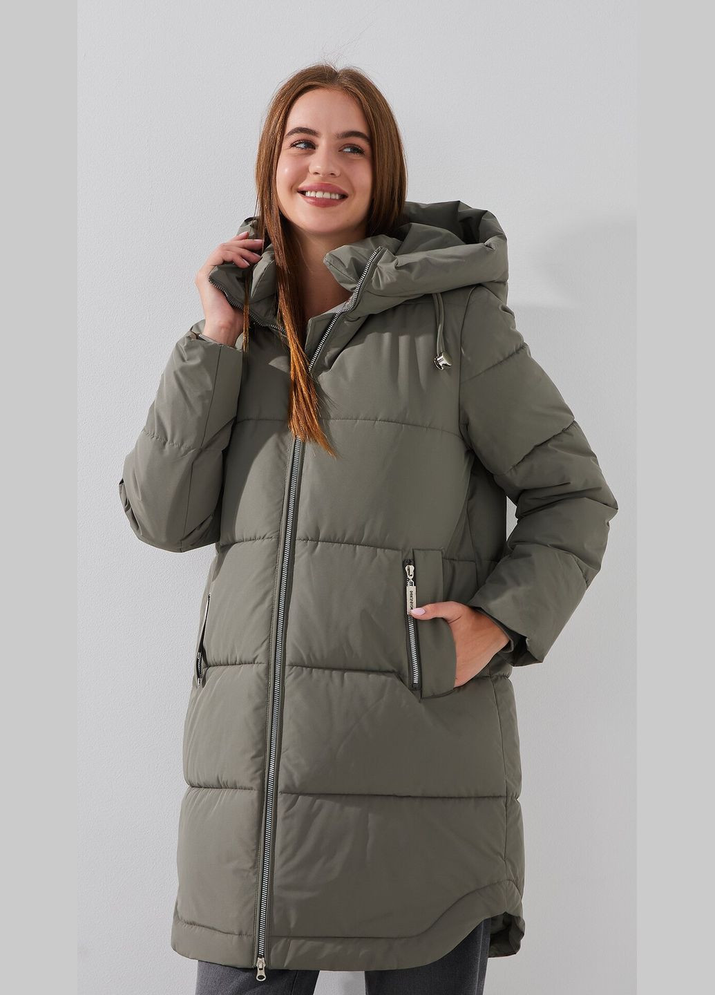 Комбинированная зимняя куртка однотонная женская 6921 темно-оливковый shop (2000999163999) On me