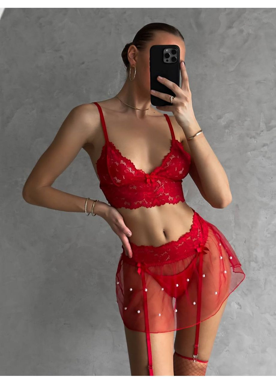 Красный балконет комплект женского белья | с прозрачной юбочкой Vital-Textile без косточек полиэстер, эластан