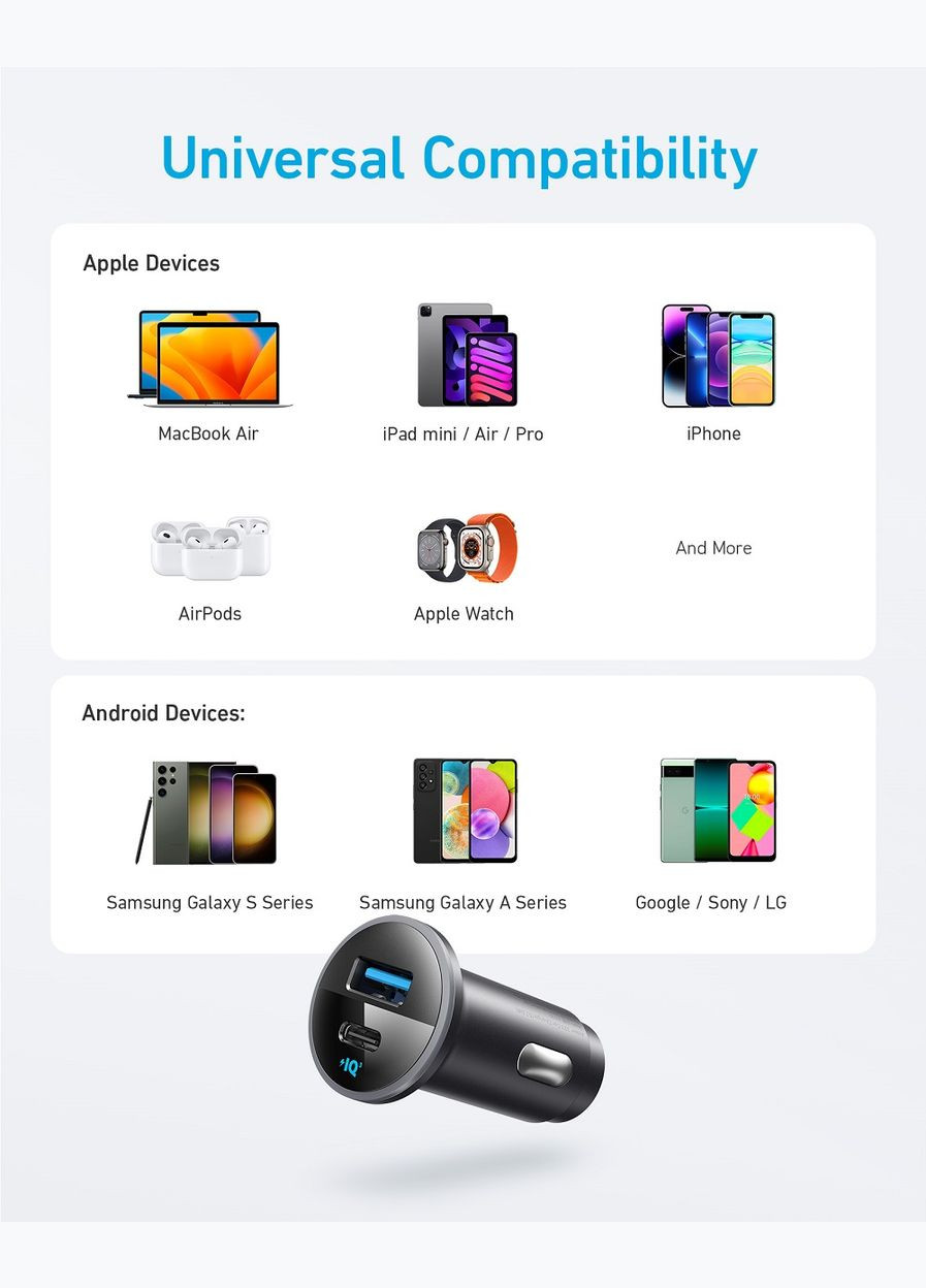 Автомобільний зарядний пристрій PowerDrive 323 - 30W PD + 22.5W USB-A Black (6940427) Anker (315435617)