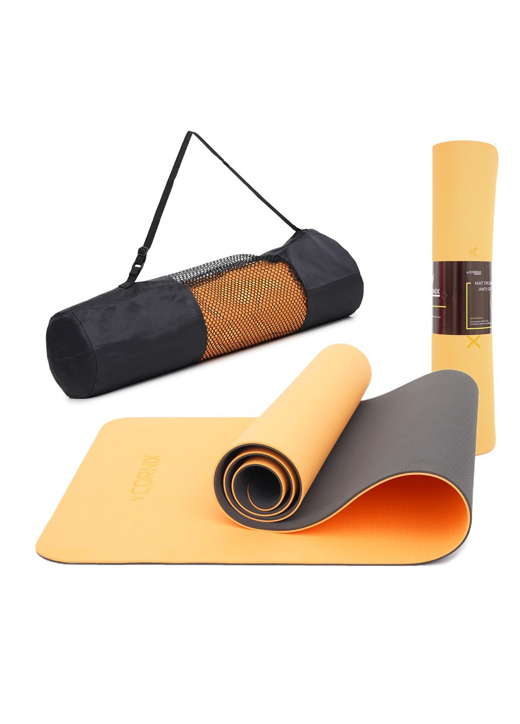 Килимок спортивний TPE 183 x 61 x 0.6 см для йоги та фітнесу XR0001 Orange/Black Cornix xr-0001 (275654235)