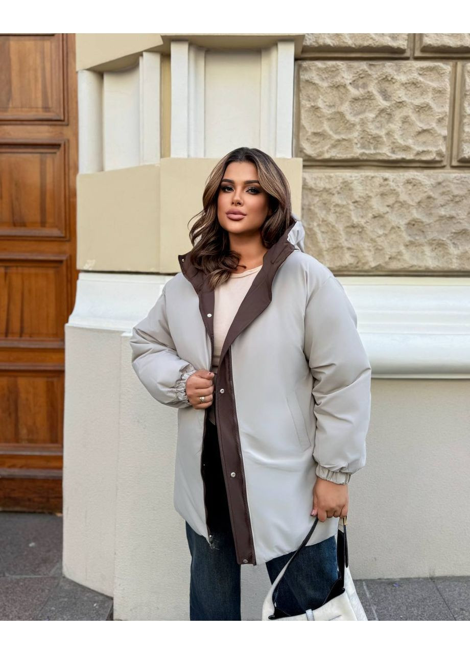 Темно-коричневая зимняя куртка ботал женская зима, двухсторонняя, плащевка не промокает, холофайер, с капюшоном Україна