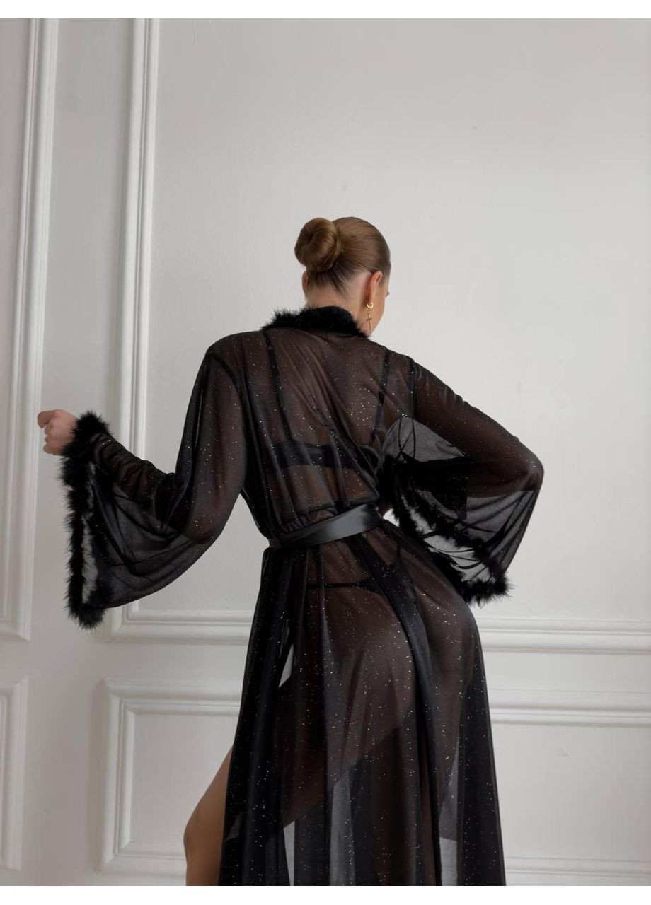 Халат прозрачный с перышком и блеском. Женский халат длинный черного цвета с перьями и атласным поясом. No Brand (366571795)