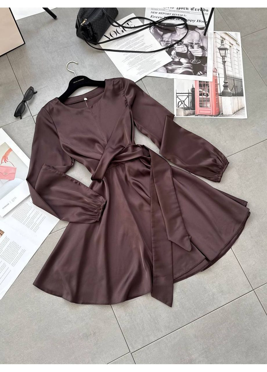 Коричневое повседневный, вечернее, кэжуал женское платье на запах No Brand однотонное