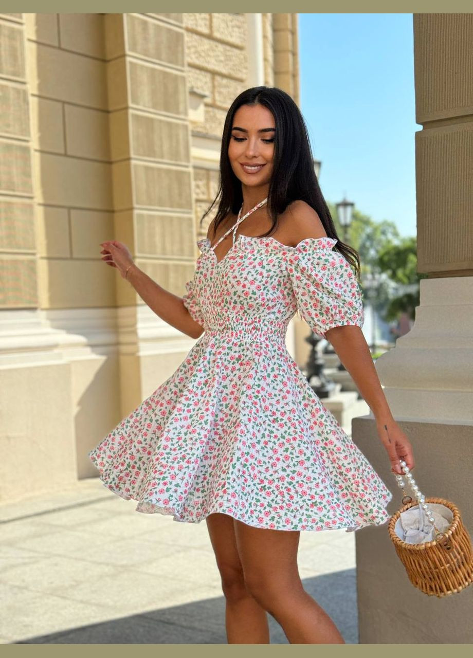 Молочное повседневный женское платье FINO Mode с цветочным принтом