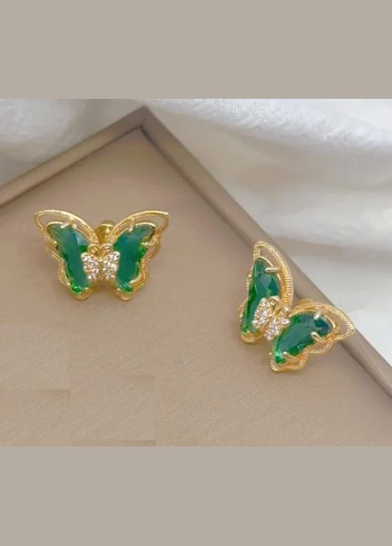 Сережки модні золотисті сережки з камінням Смарагдові метелики гвоздики пусети Liresmina Jewelry (285766214)