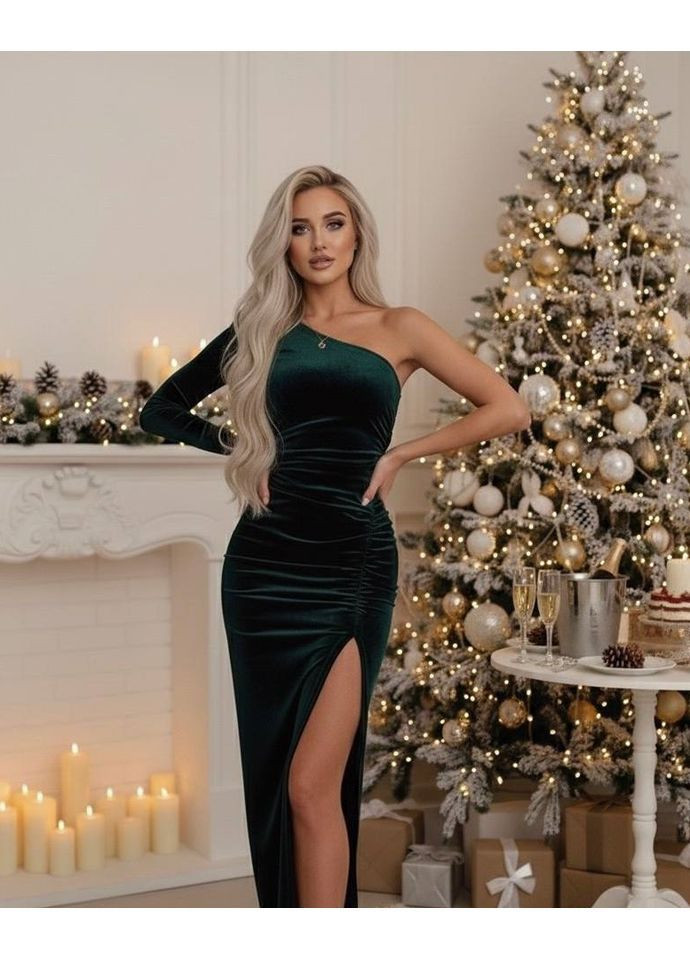 Изумрудное праздничный, вечернее роскошное бархатное платье с разрезом и одним рукавом Nositi