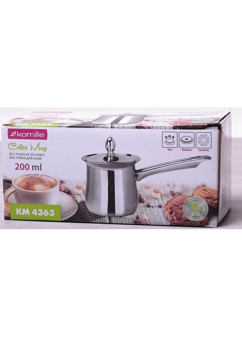 Турка из нержавеющей стали 200мл с крышкой для кофе и эспрессо металлическая посуда Kamille (368980800)