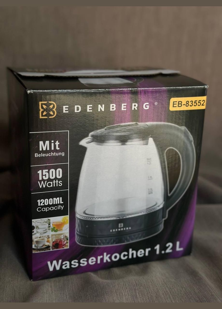Дисковий скляний електрочайник 1,2л чайник електричний чайник скляний EB-83552 1500 Вт Чорний - Світловий індикатор робот Edenberg (299337451)