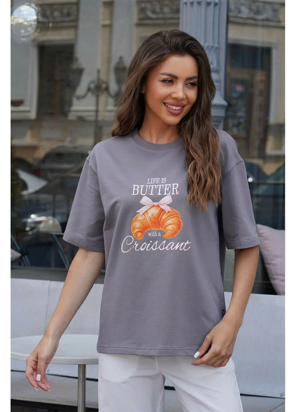 Футболка женская оверсайз с принтом Croissant базовые футболки женские из хлопка Серая Teamv - (350619628)