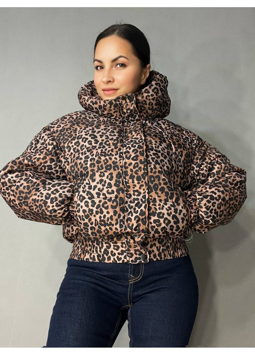 Коричнева демісезонна куртка жіноча 9006 коротка з капюшоном леопардовий принт на резинці демісезонна коричнева Lady yep