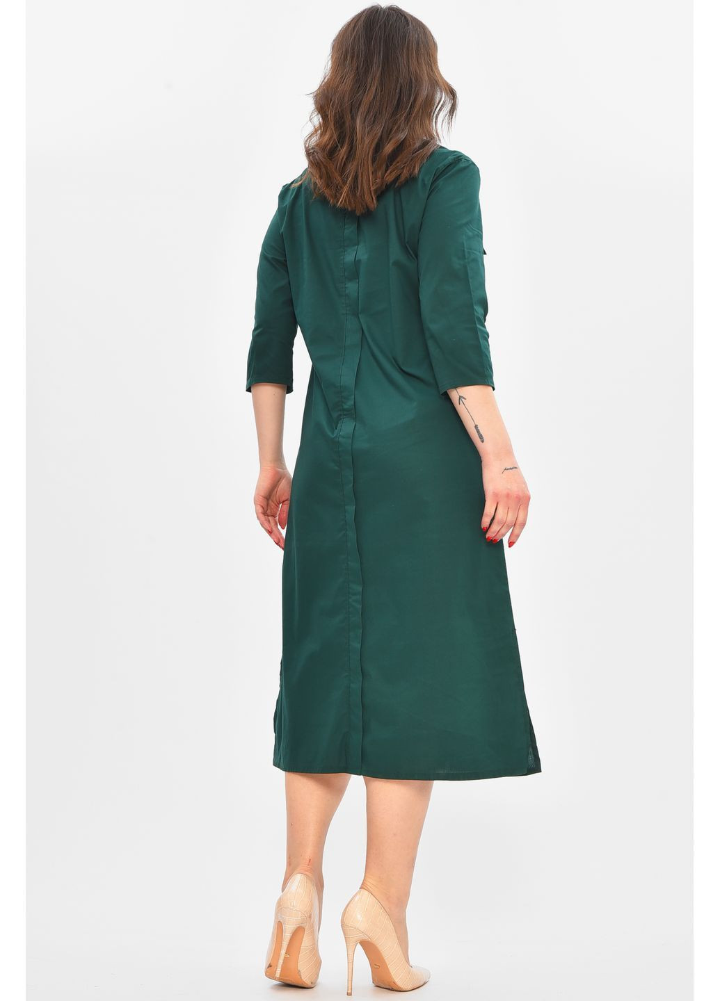 Темно-зелена кежуал сукня жіноча однотонна темно-зеленого кольору з баскою Let's Shop однотонна