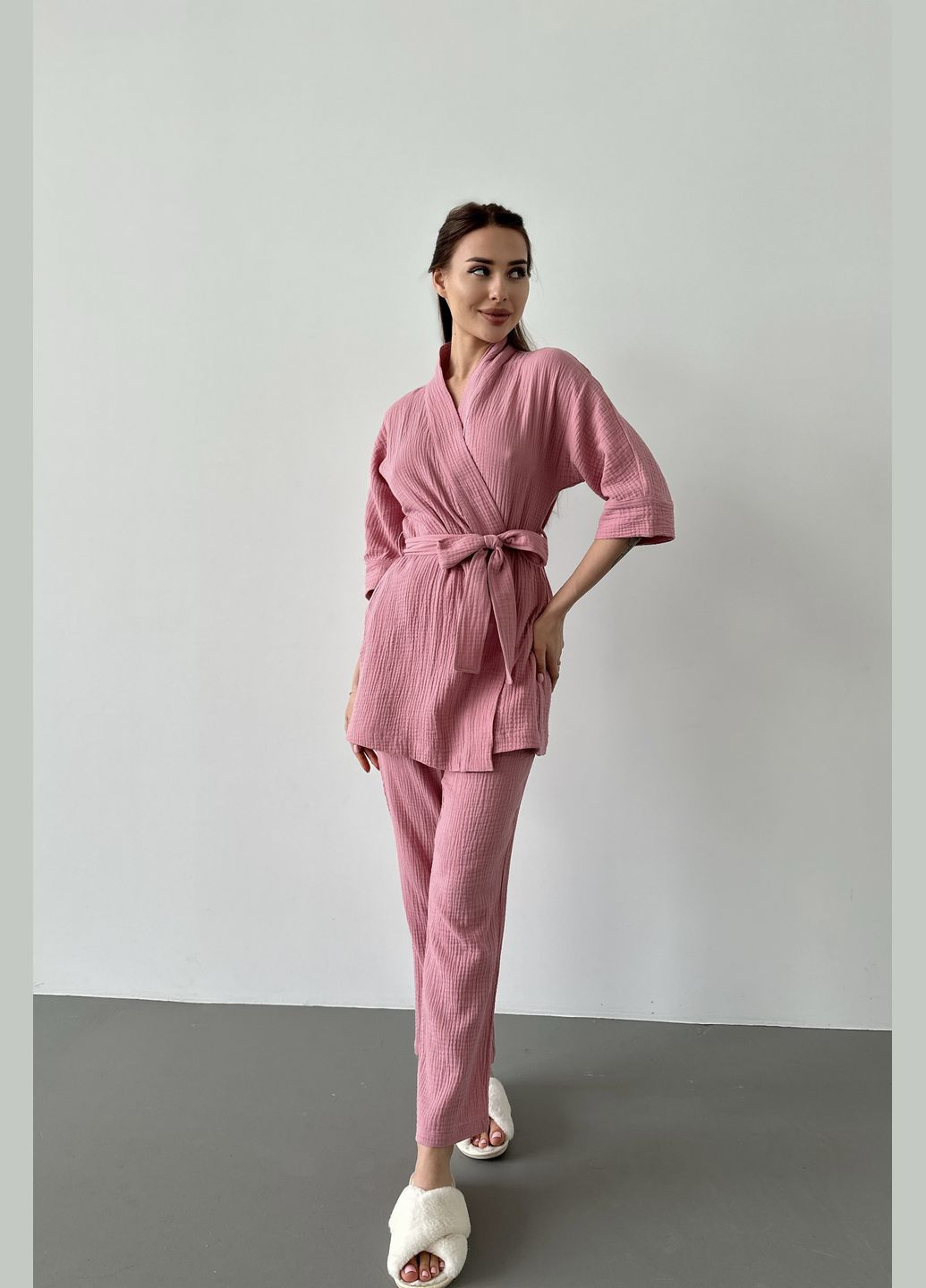 Розовая всесезон костюм домашний женский халат короткий и штаны рубашка + брюки German Volf