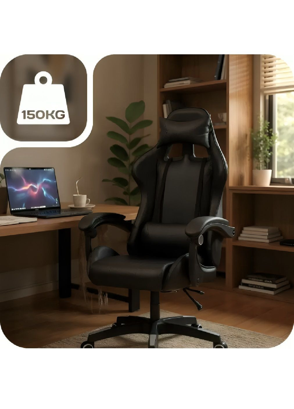 Ігрове офісне регульоване крісло з екошкіри з анатомічною формою підлокітниками знімними подушками (481281-Prob) Чорне Unbranded (359701915)