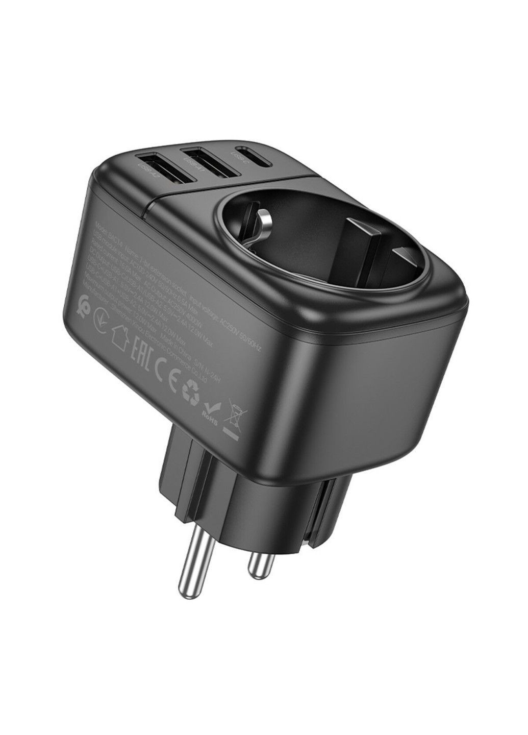 Мережевий фільтр BAC14 Wide 1-socket wall outlet (1C2A) (EU/GER) Black Borofone (369456631)