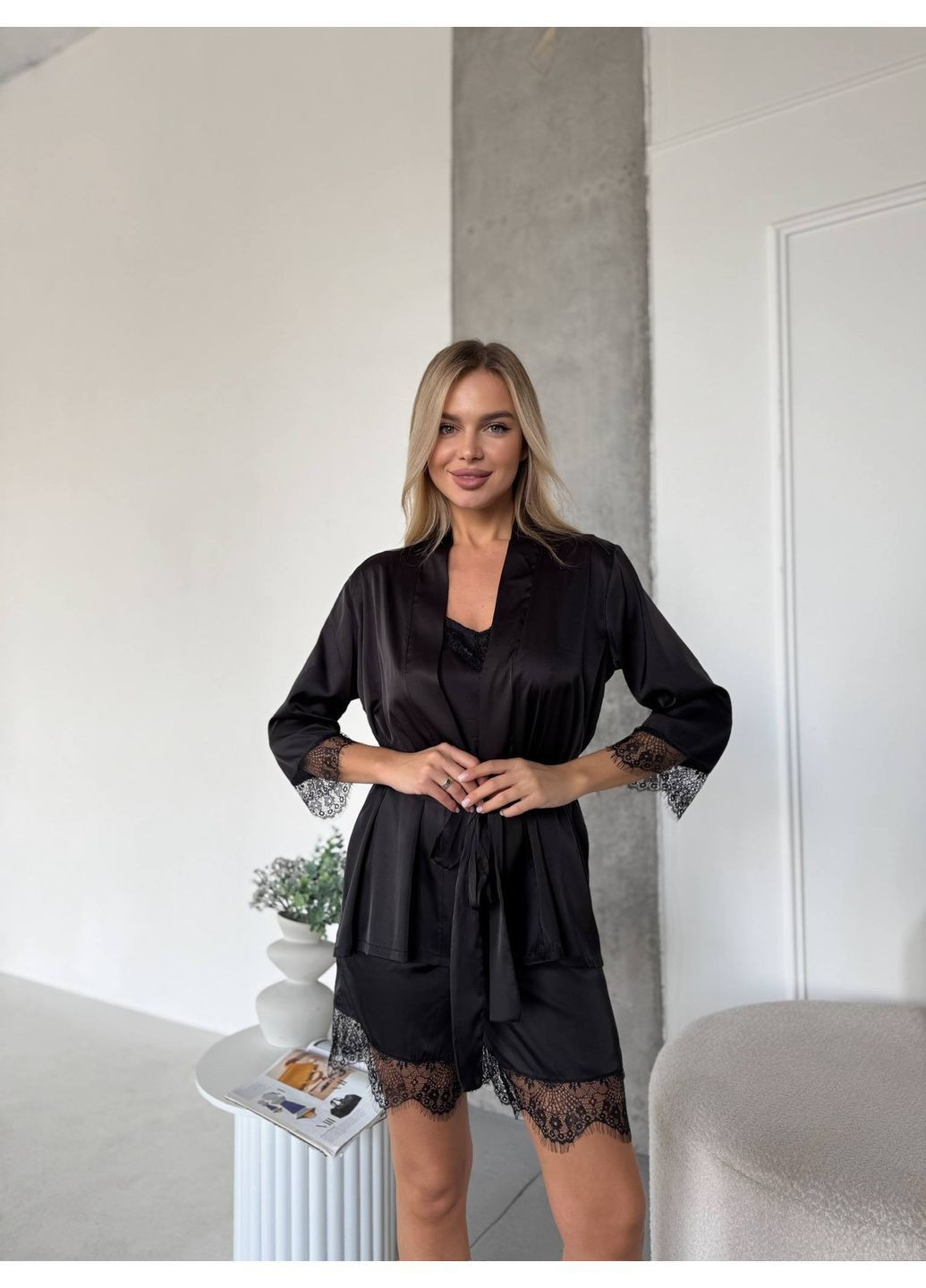 Чорна всесезон жіночий піжамний комплект 4-ка: кімоно, майка, шорти, штани. халат + топ + шорти + штани MonCher