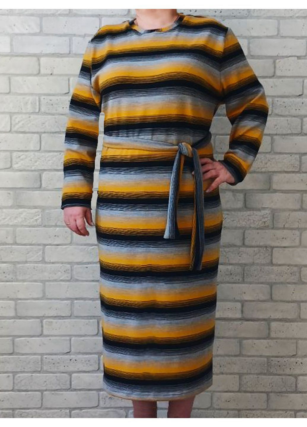 Жовтий жіноча сукня в'язана батал великого розміру No Brand в смужку