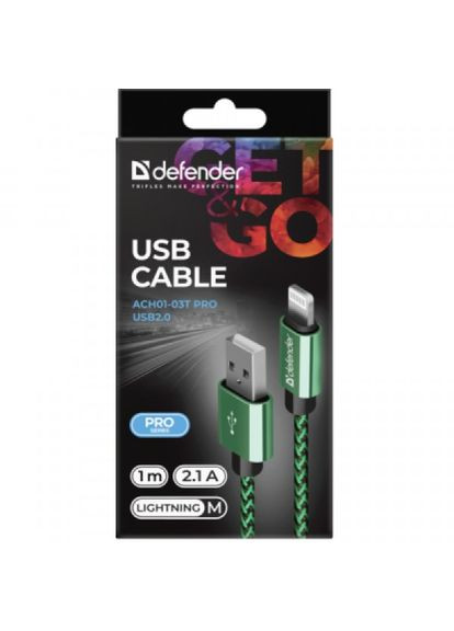 Дата кабель USB 2.0 AM to Lightning 1.0m ACH0103T 2.1A green (87810) Defender usb 2.0 am to lightning 1.0m ach01-03t 2.1a green (268145690)