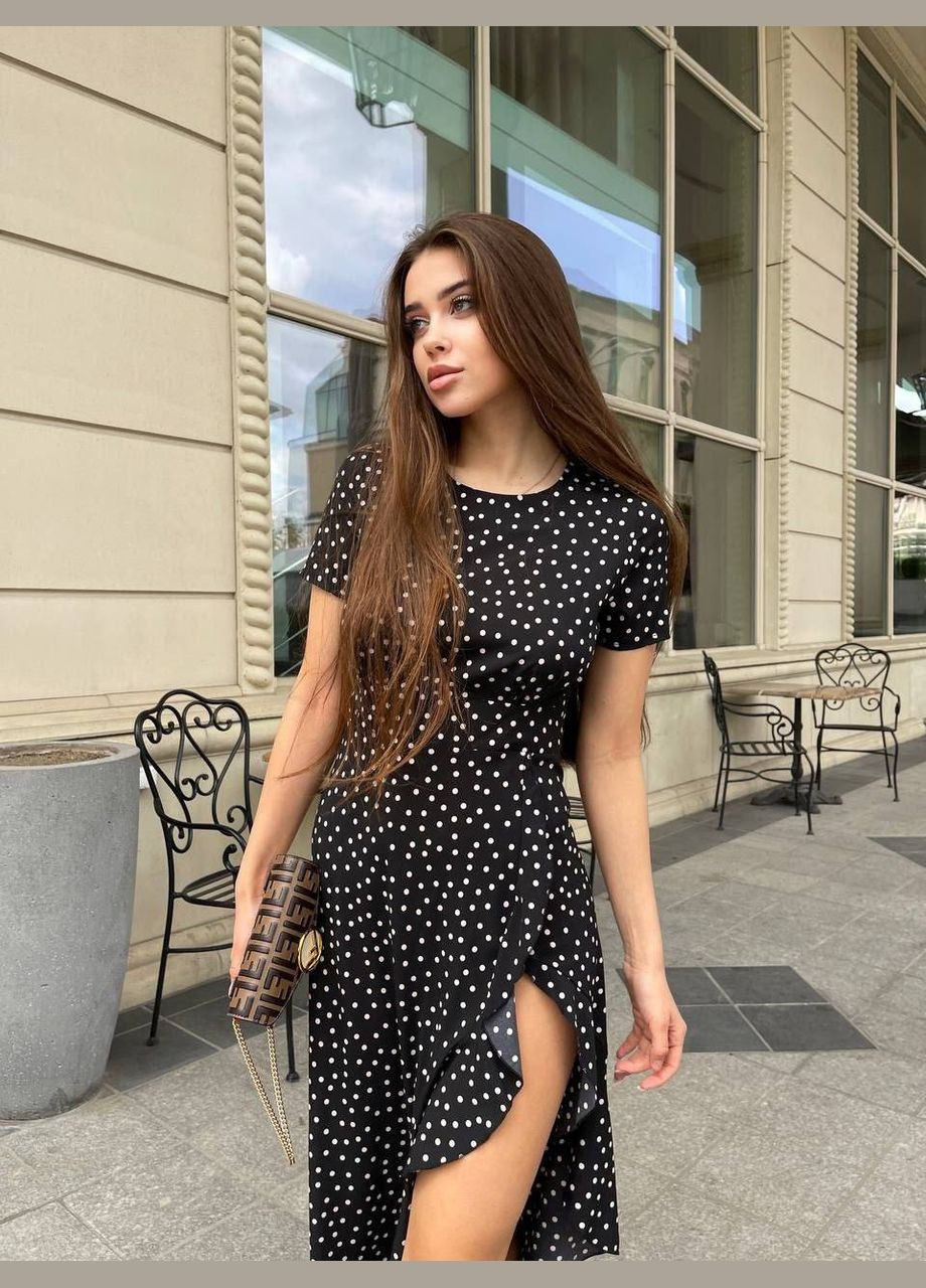 Чорна святковий, повсякденний, кежуал, вечірня легка витончена сукня з розрізом по ніжці Vakko в горошок