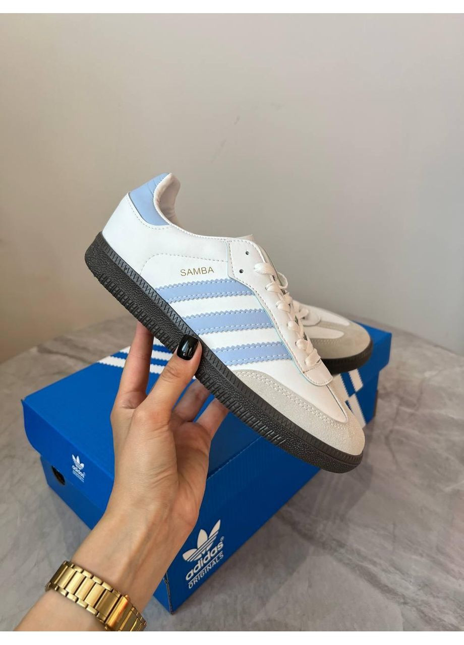 КРОССОВКИ ЖЕНСКИЕ ADIDAS SAMBA WHITE BLUE АДИДАС САМБА No Brand белые демисезоны (367168271)