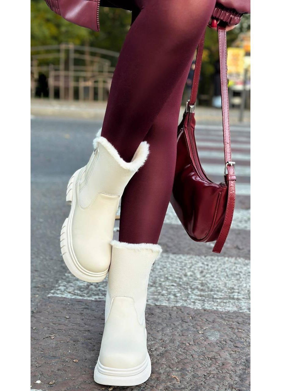 Зимние ботинки женские зимние бежевые челси No Brand без декора из искусственного нубука, из искусственной замши