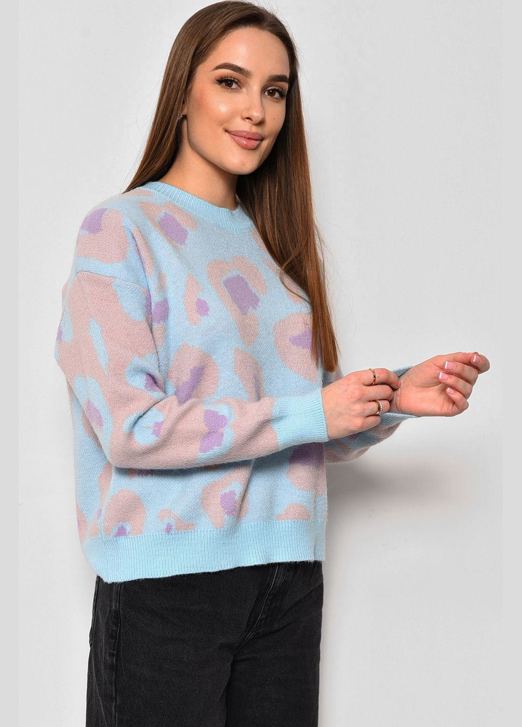 Блакитний зимовий светр жіночий з принтом блакитного кольору пуловер Let's Shop
