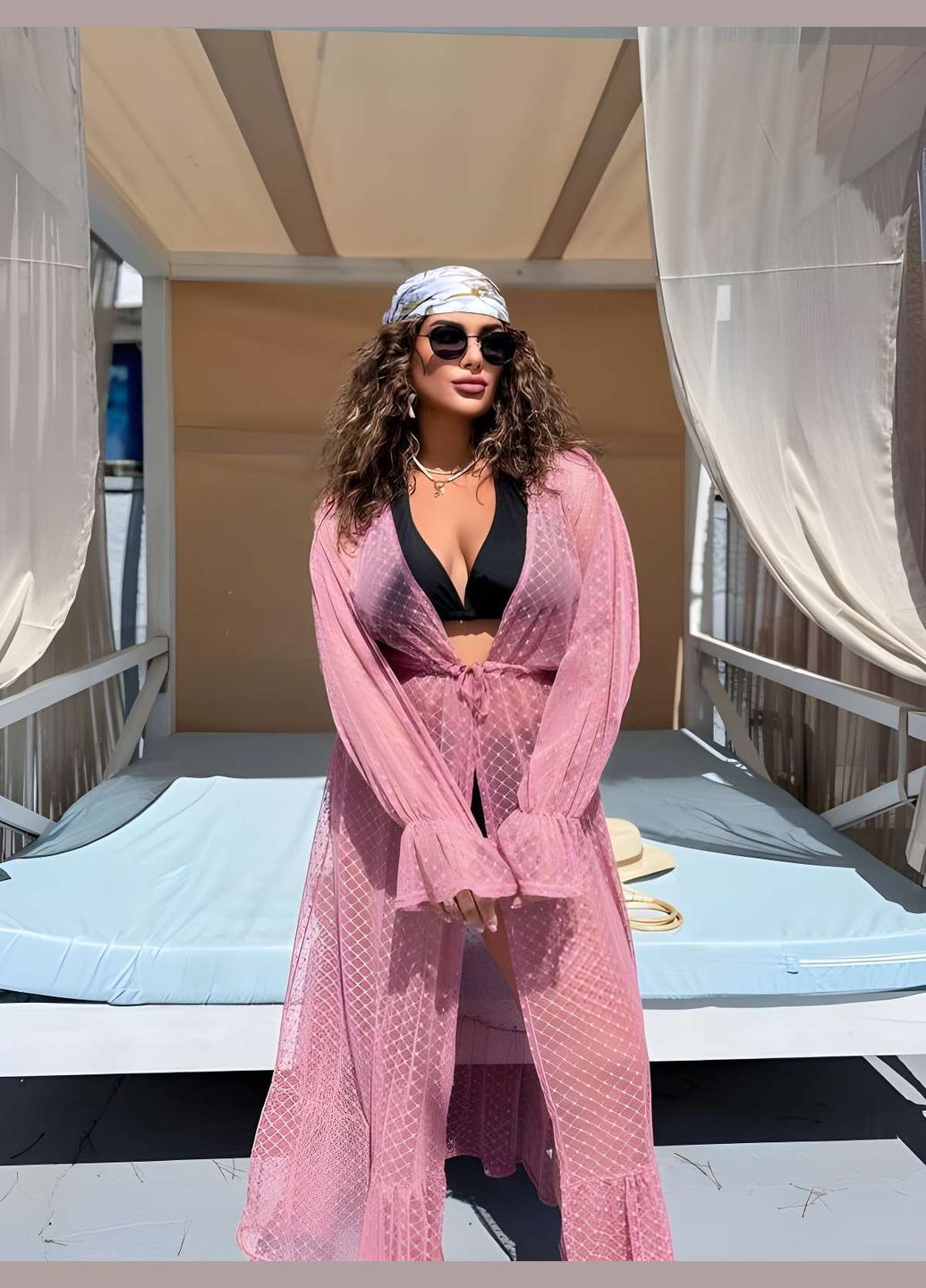 Женская летняя пляжная полупрозрачная длинная туника парео накидка бежевая Україна (345557379)