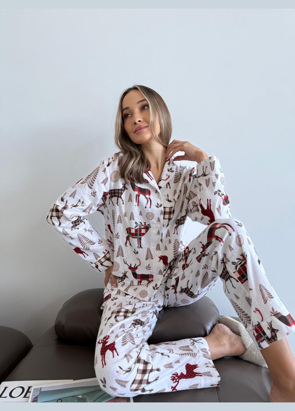 Молочная всесезон домашняя женская пижама "норди" с оленями рубашка + брюки Cosy