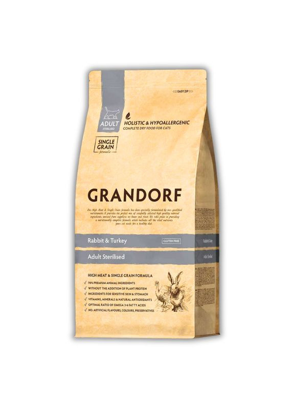 Сухий корм для котів Кролик та індичка для дорослих стерилізованих та кастрованих котьо усіх порід 8 кг Grandorf (350351408)