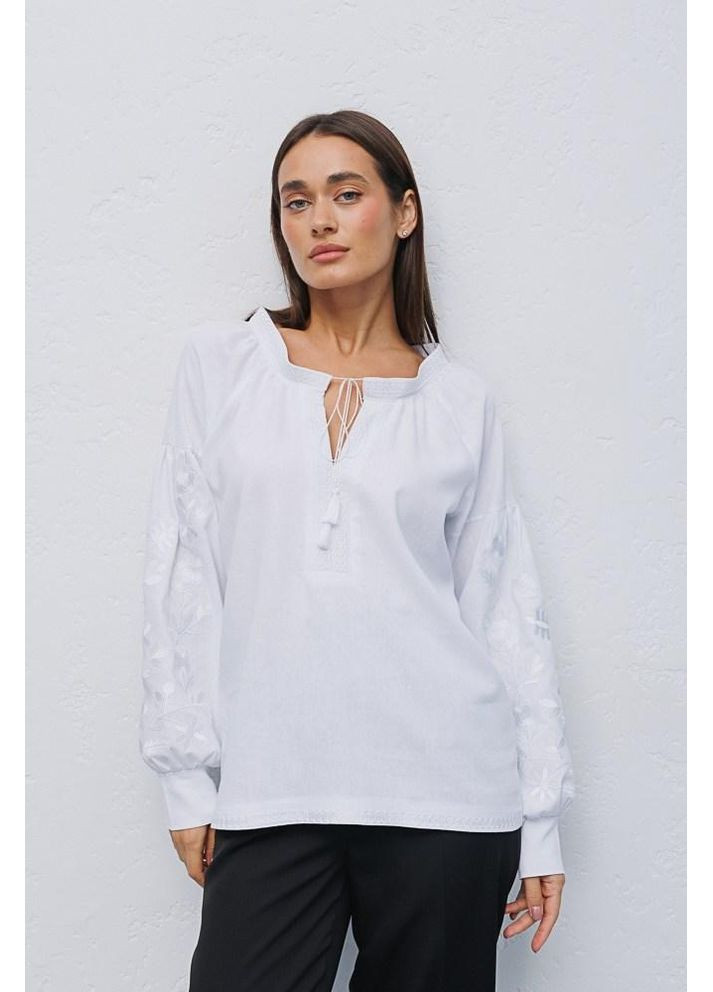 Белая рубашка вышиванка женская лен вискоза длинный рукав цветы 44 белая Arjen