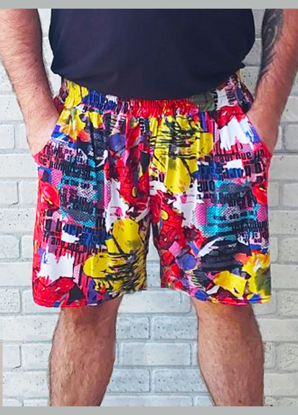 Короткі чоловічі шорти для літа, тканина холодок масло, з кишенями пояс на резинці, яскраві абстракції No Brand (342329653)