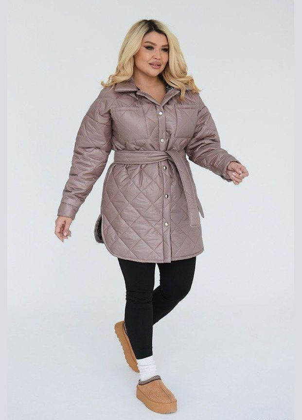 Бежевая женская теплая курточка с поясом цвет мокко р.50/52 449988 New Trend