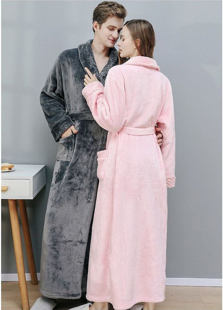 Теплий довгий халат на поясі з кишенями універсальні унісекс халати вільного крою для домашнього відпочинку чоловікам і жінкам Cindylove (349832934)