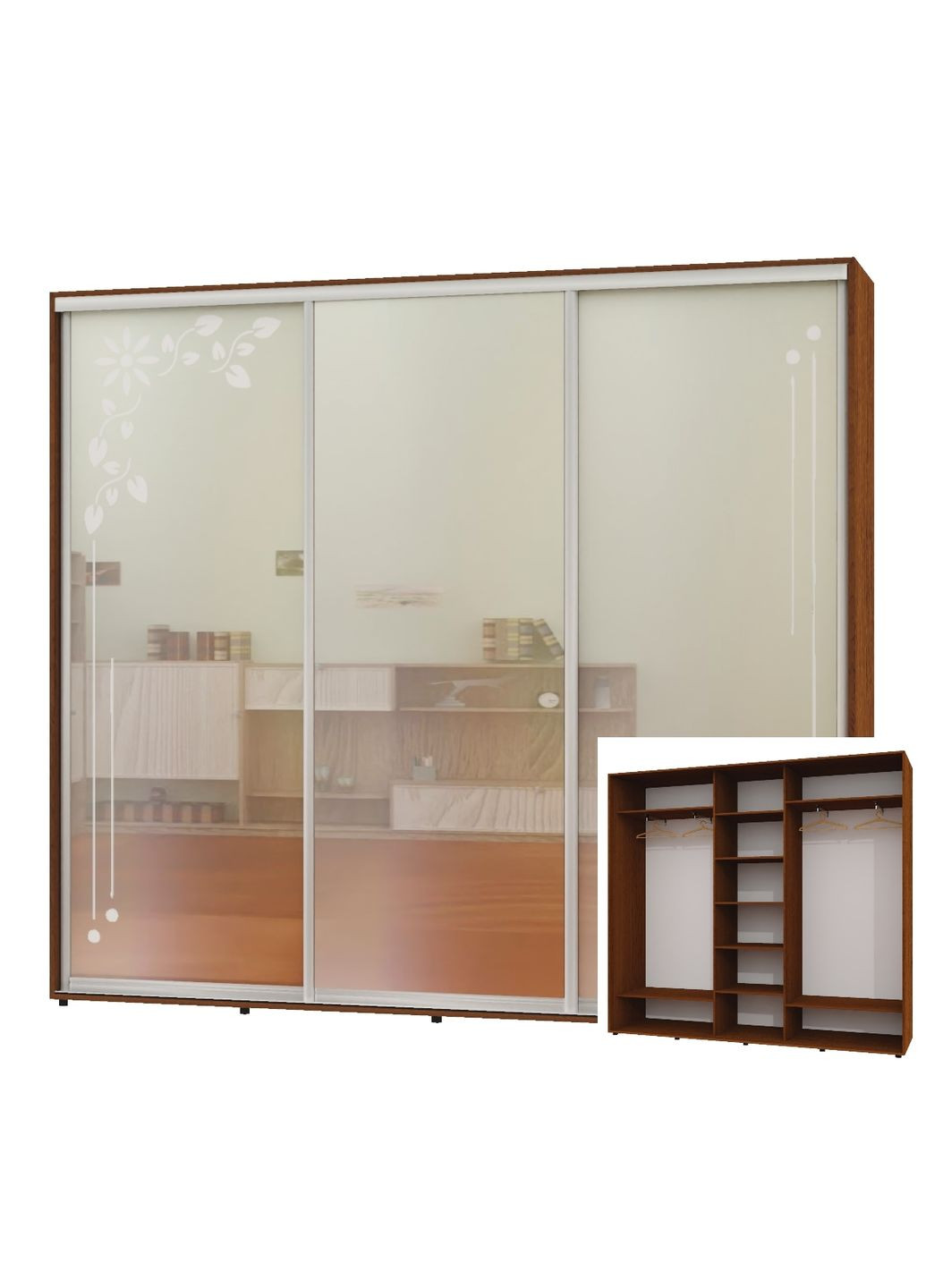 Шкаф-купе трехдверный 250*45*250 Орех лесной 2 Зеркала с пескоструйным рисунком/Зеркало ШК-04 Алекса (360430076)