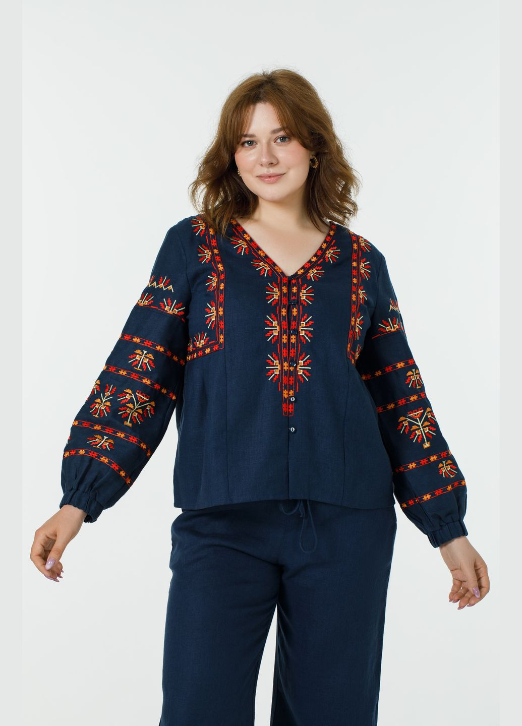 Синіти жіноча вишиванка з льону на ґудзиках з орнаментом сіяна, великі розміри (plus size)., р., код 9471/46/101 ГАЛЕРЕЯ ЛЬОНУ
