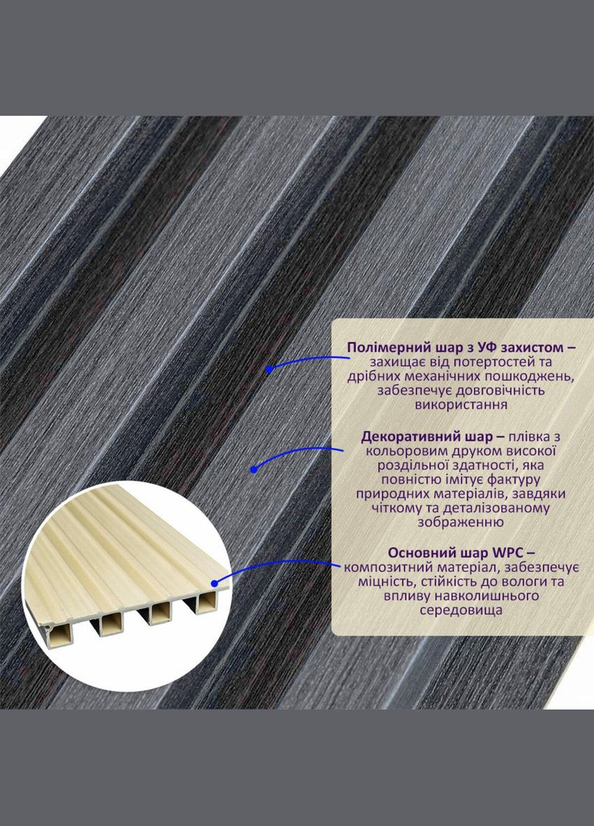 Декоративная стеновая рейка графит 3000*160*23мм (D) 3DPanda-1529 Sticker Wall (323155016)