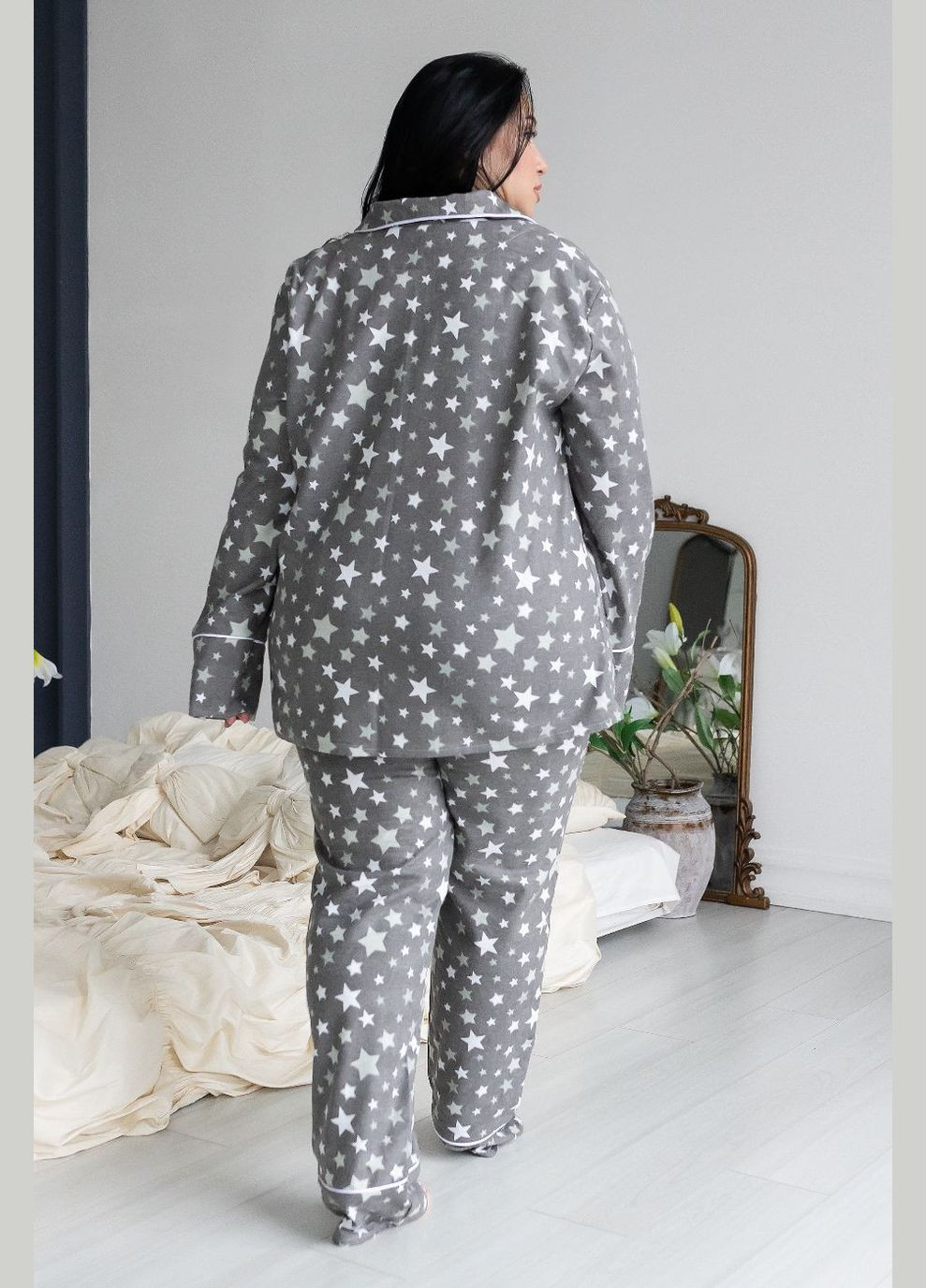 Комбінована всесезон піжама фланелева п701 зірки на сірому MiaNaGreen