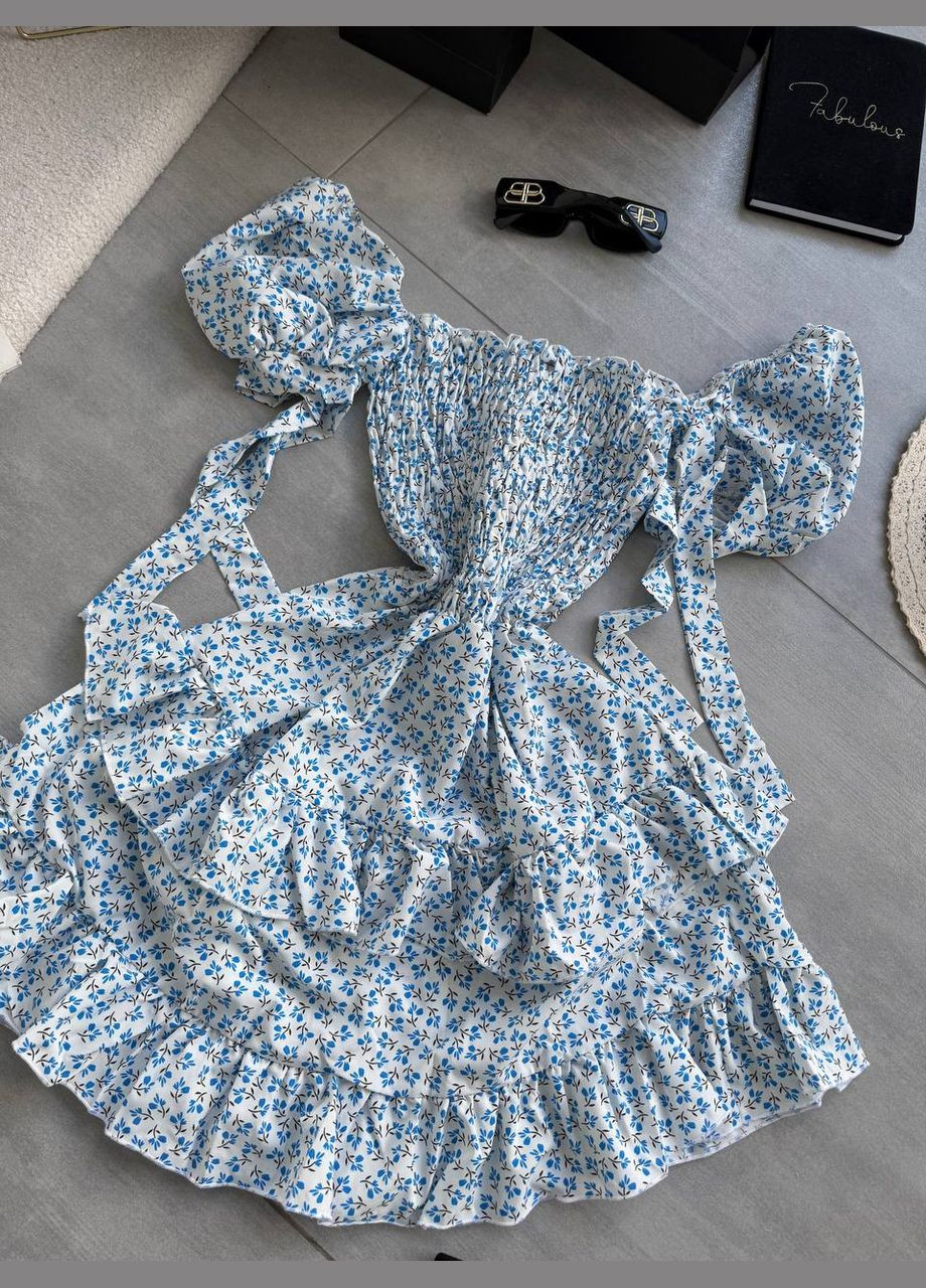 Голубое женское платье с цветочным принтом из софта No Brand с цветочным принтом