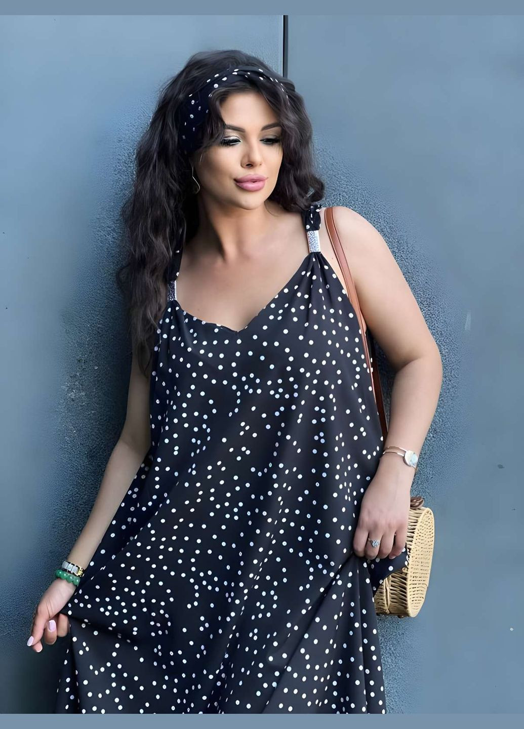 Летний женский женский летний изысканный черный длинный сарафан, черное длинное платье на вечер софт в горох No Brand в горошек