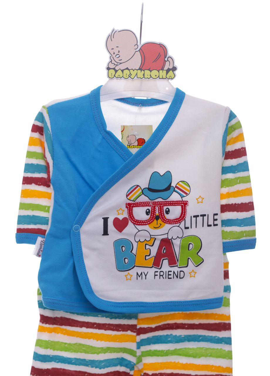 Голубой демисезонный комплект боди, ползунки, шапочка трикотажный для мальчика bear 56 см (42588) Donino