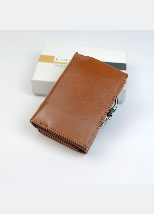 Рыжий женский маленький кожаный раскладной мини кошелек на кнопке No Brand (333300292)