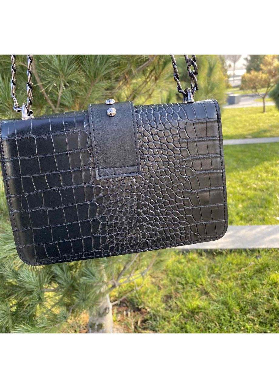 Жіноча міні сумочка клатч під рептилію з пташками чорна екошкіра на ланцюжку ProDobro (363259716)