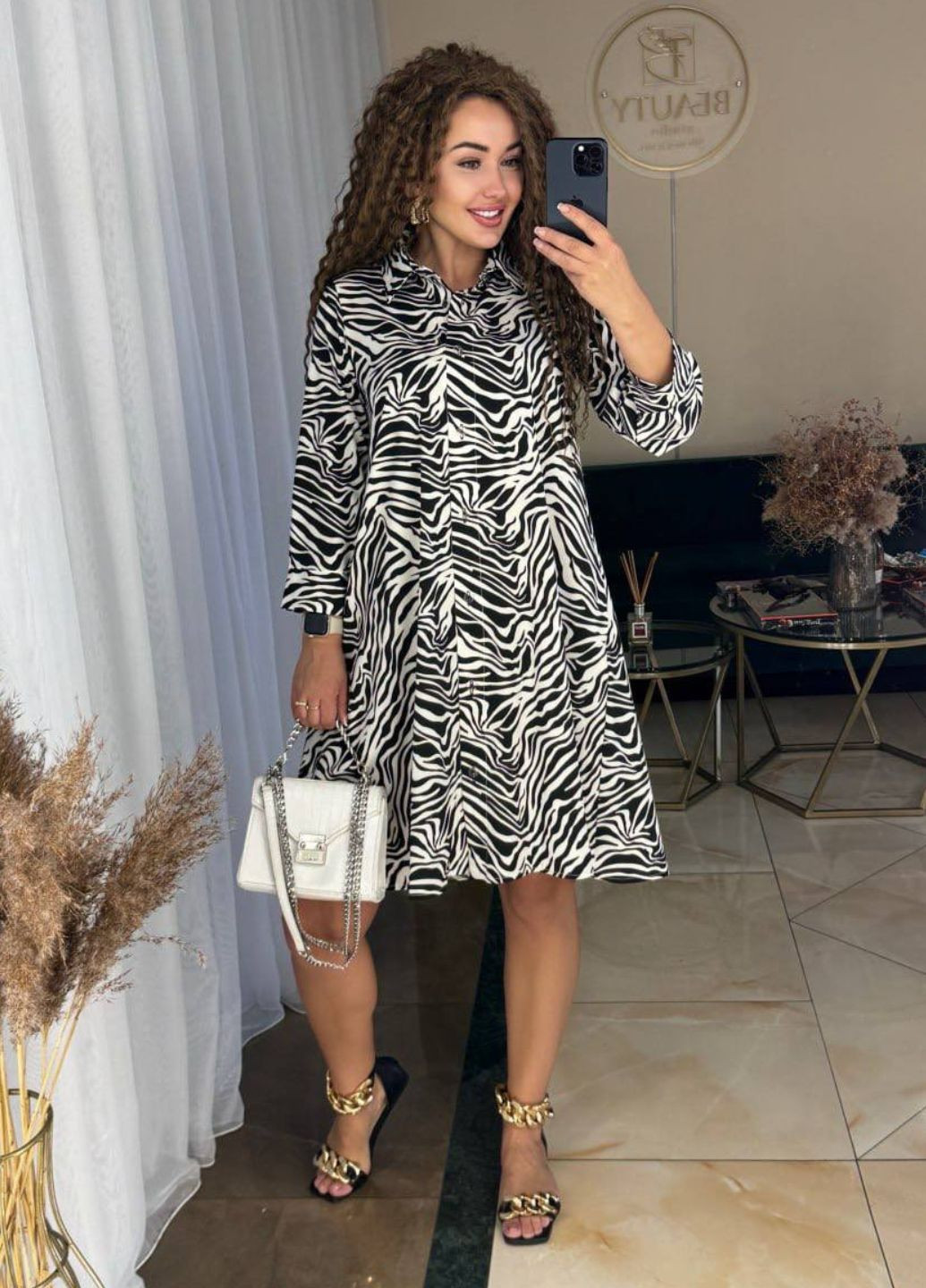 Білий повсякденний вишукана повсякденна міні сукня-сорочка на гудзиках з зебровим візерунком з поясом в комплекті сукня-сорочка Allthings зебра