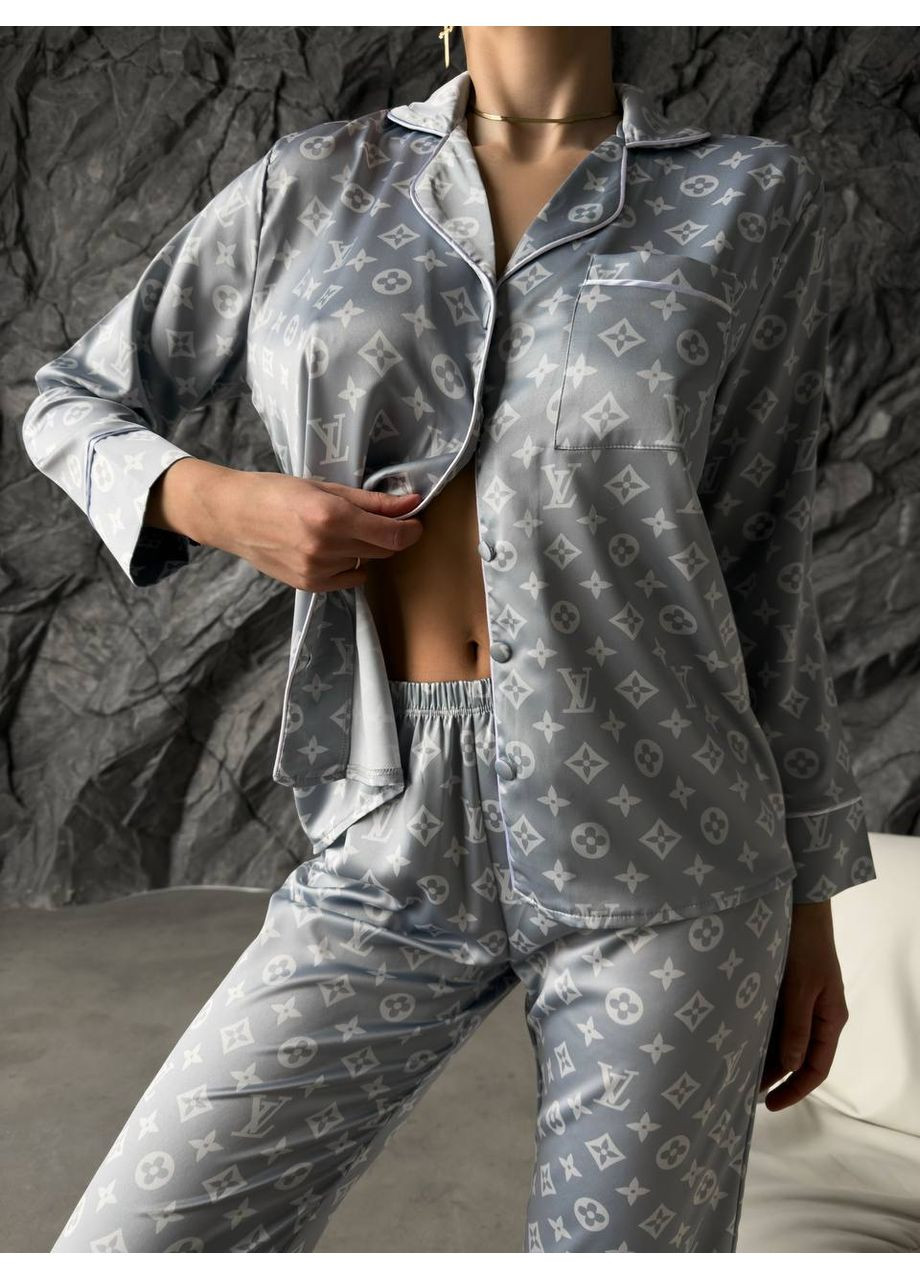 Сіра всесезон жіноча шовкова піжама з принтом lv сорочка + брюки Vakko