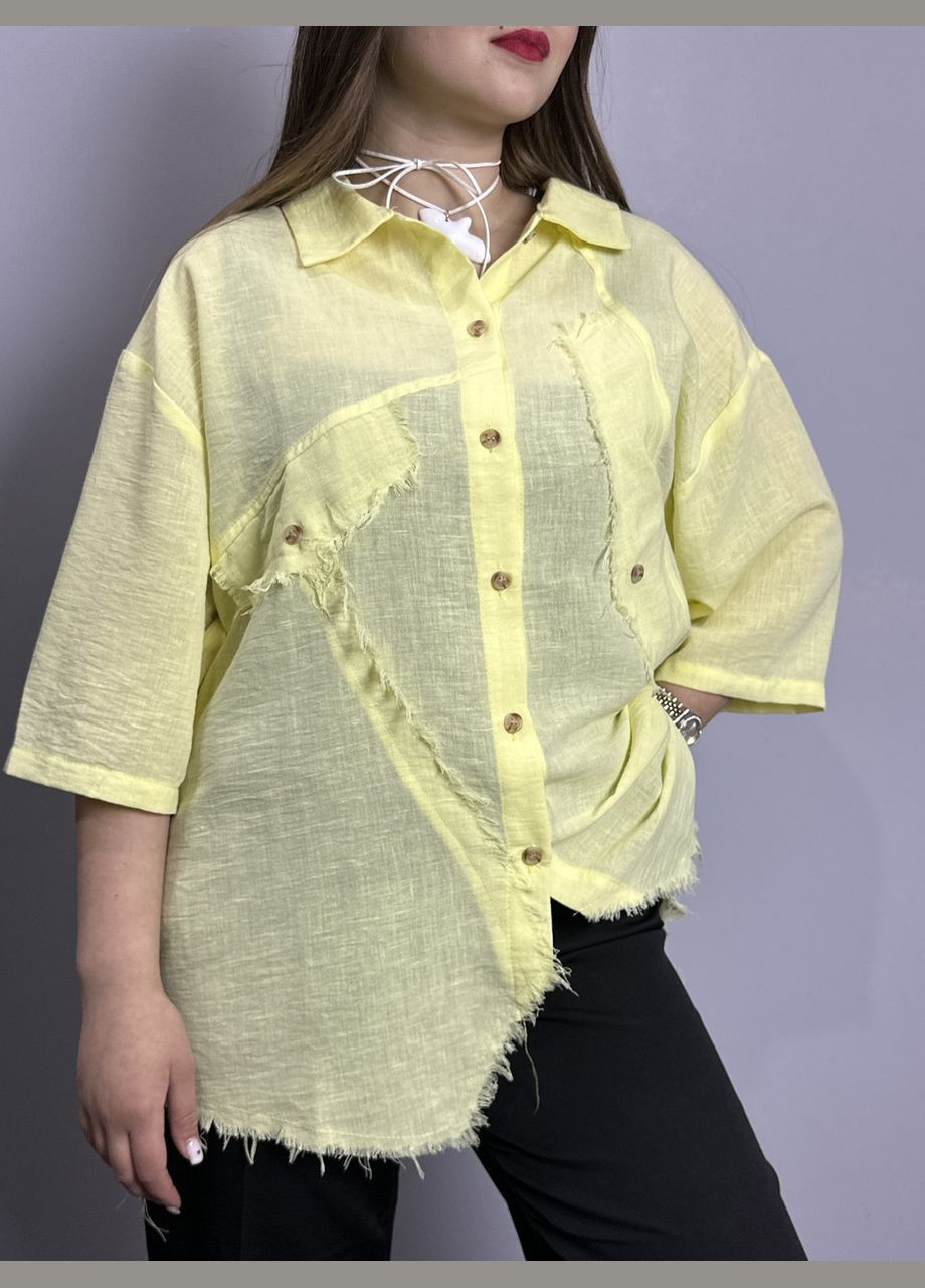 Жёлтая женская рубашка с асимметричными краями жёлтого цвета mkrm4123-2 Modna KAZKA