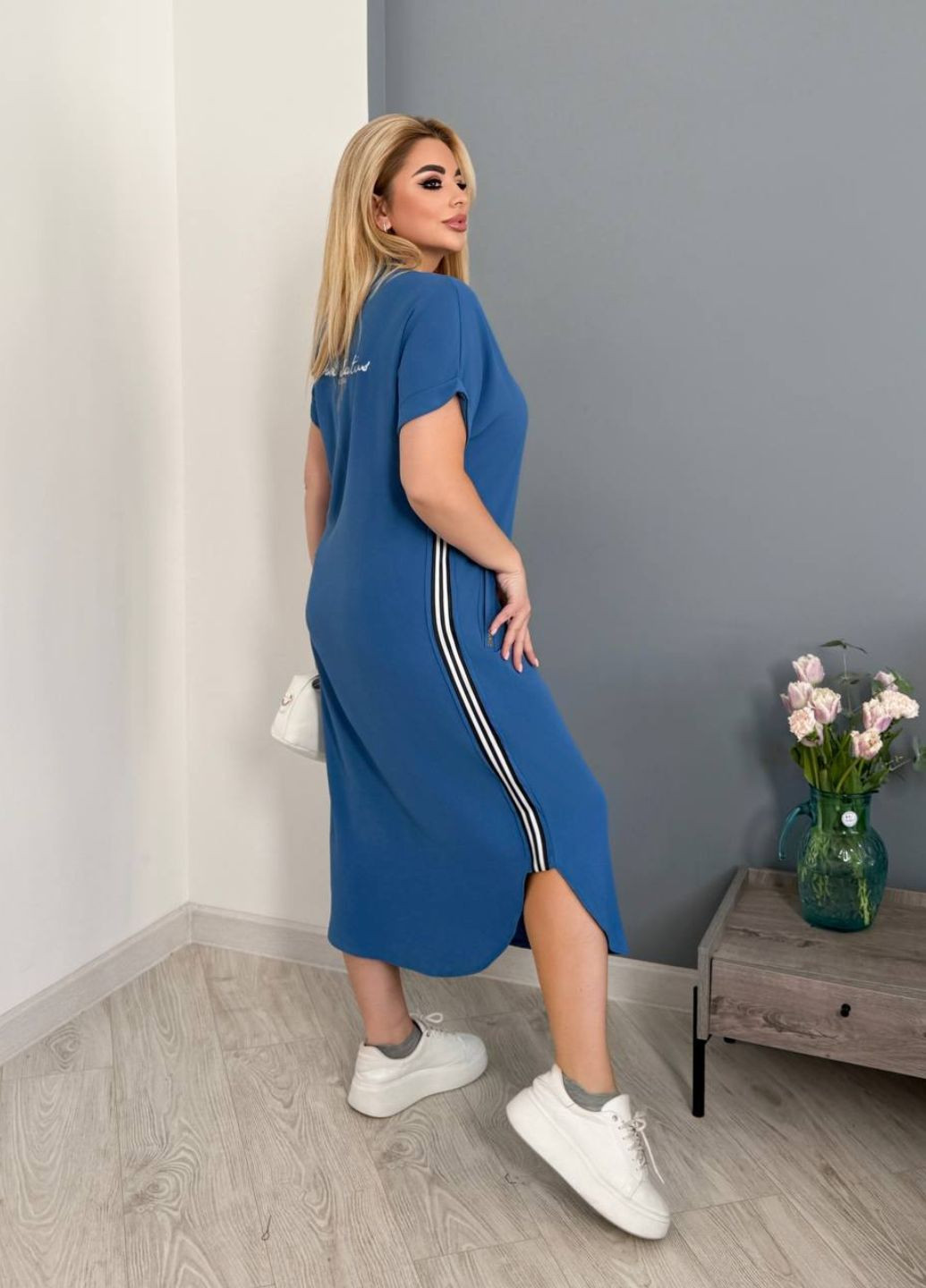 Синя повсякденний сукня міді з лампасами а-силует Україна однотонна