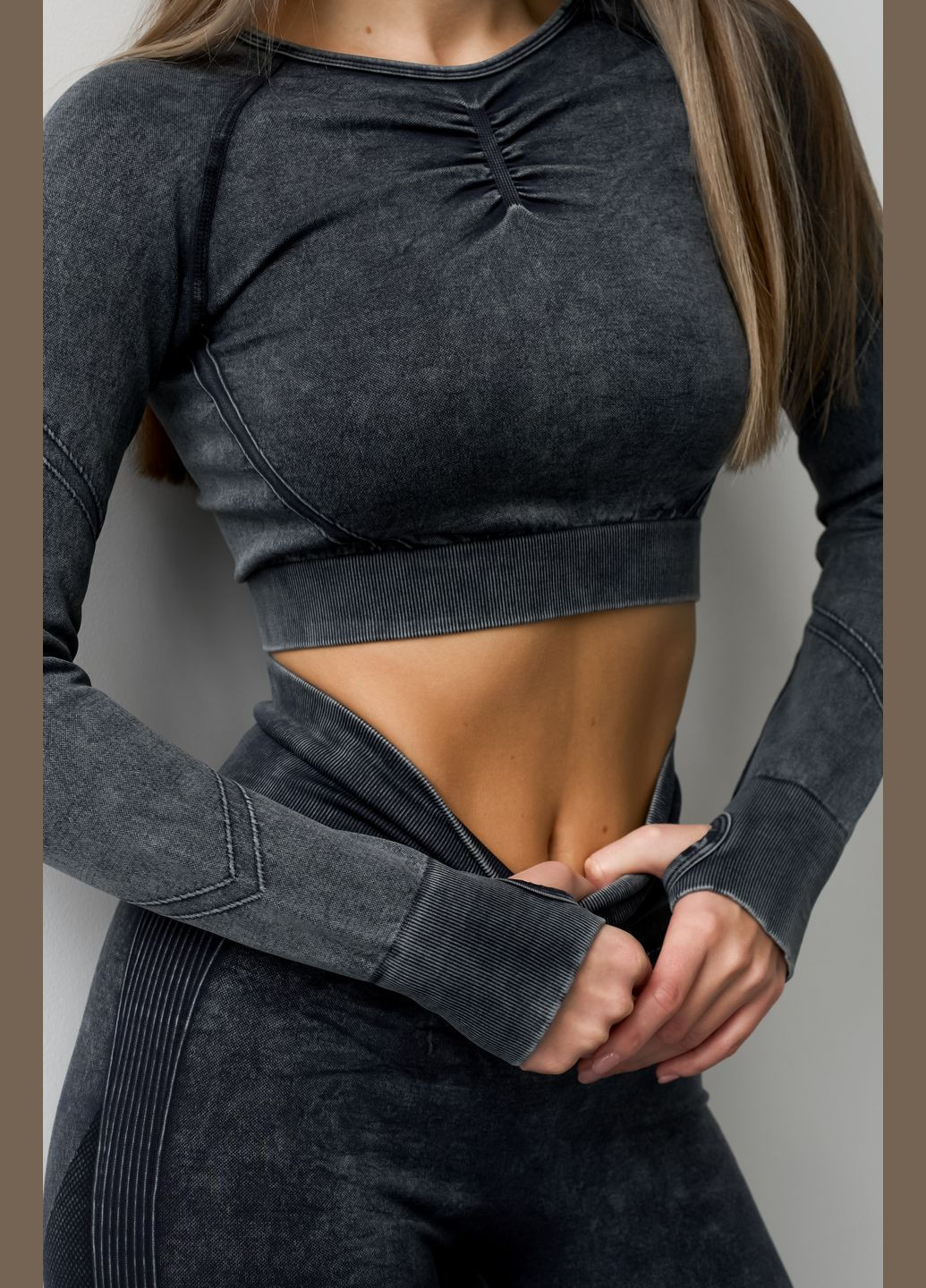 Спортивний жіночий костюм-двійка з ефектом виварювання (рашгард + легінси) для фітнесу та йоги PUSH UP Графіт Wow Костюм-двійка з рашгардом (303356561)