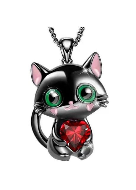 Цепочка с кулоном милый черный котик с красным сердечком фианитом зелеными глазками Liresmina Jewelry (290982083)