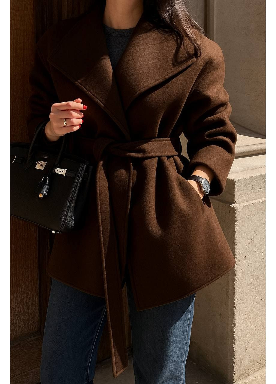 Коричневе демісезонне Вкорочене пальто автоледі з поясом — ЗАМІР В ОПИСІ Vione